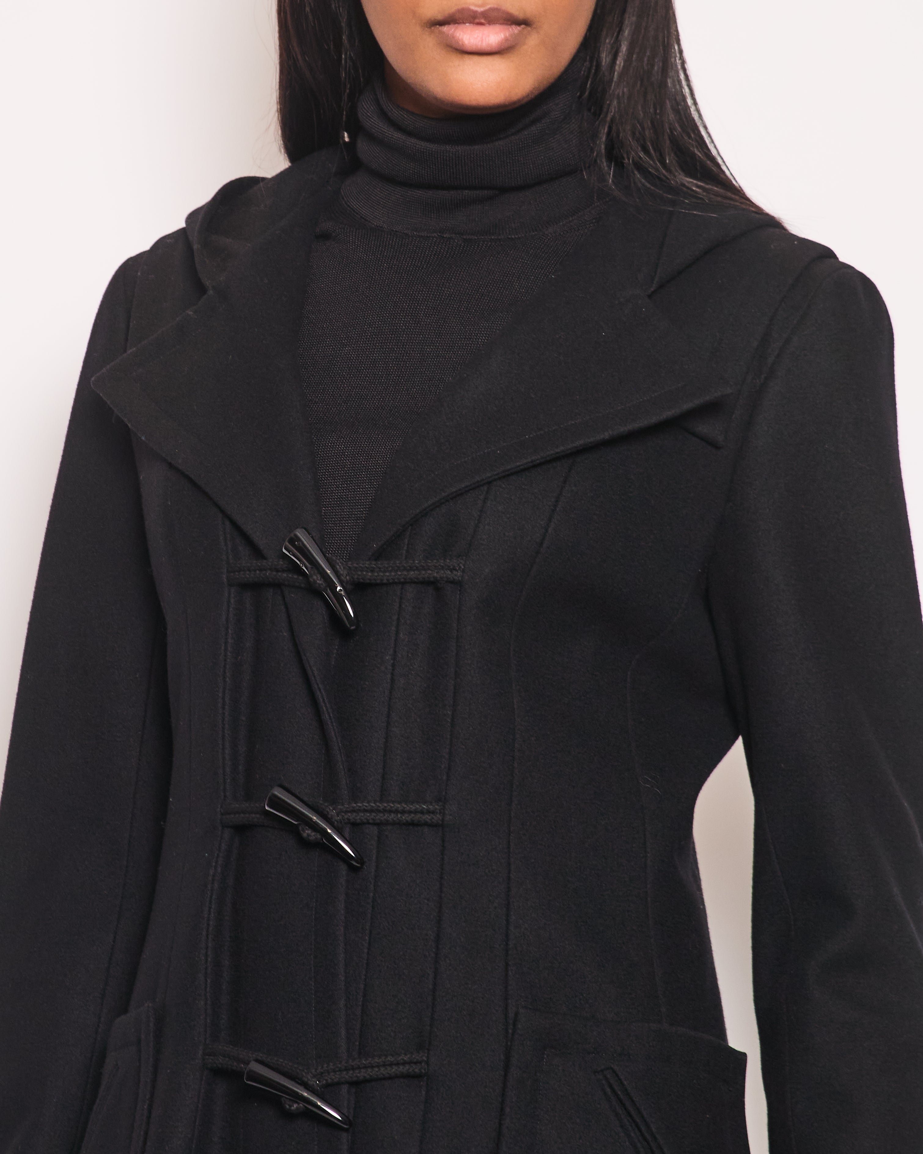 Top Quality Chanel Black Hooded Longline Wool Coat with Toggle Fasten Detail FR 42 (UK 10)