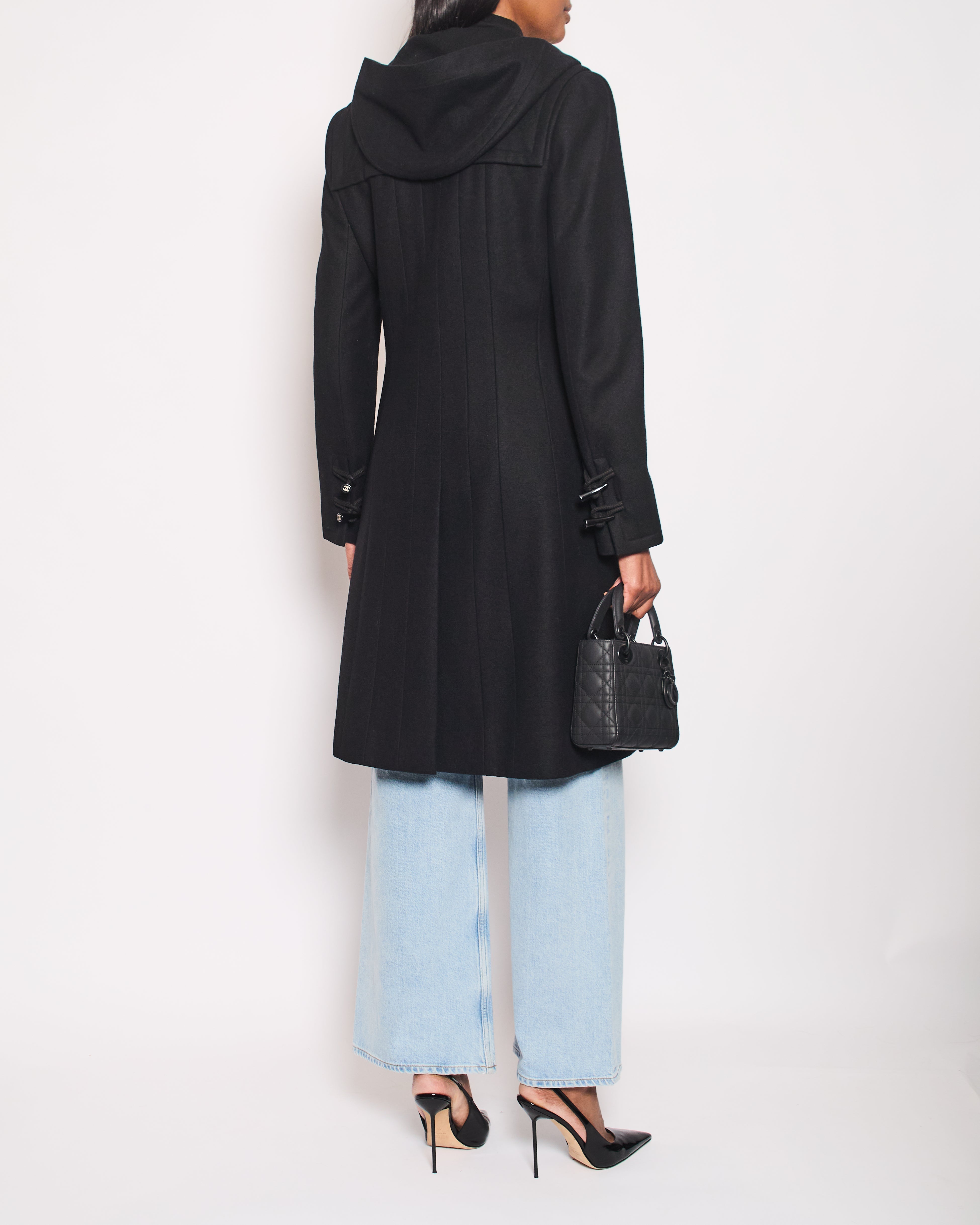 Top Quality Chanel Black Hooded Longline Wool Coat with Toggle Fasten Detail FR 42 (UK 10)