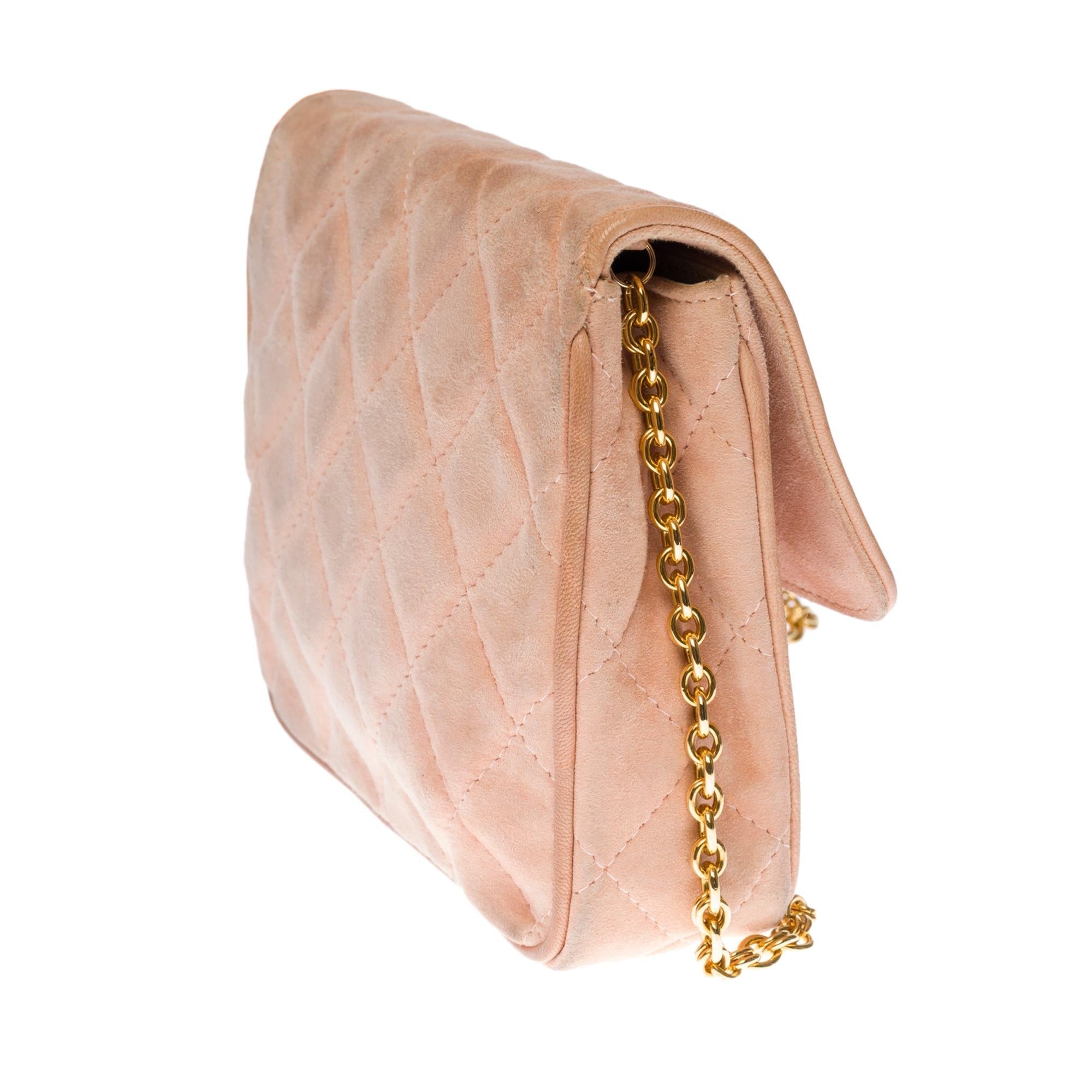 Top Quality Chanel Classic Mini shoulder New Bag in pink quilted suede. GHW