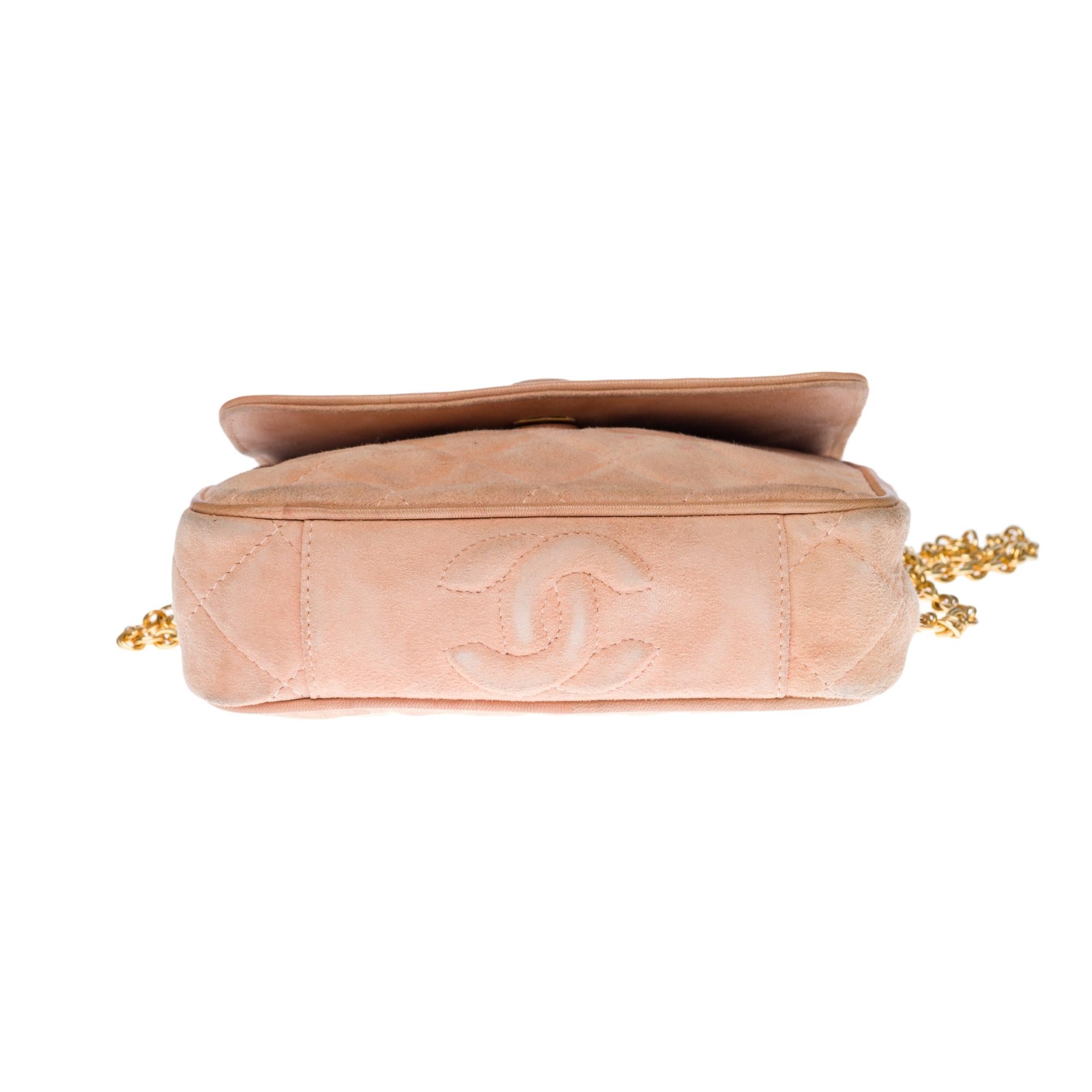 Top Quality Chanel Classic Mini shoulder New Bag in pink quilted suede. GHW
