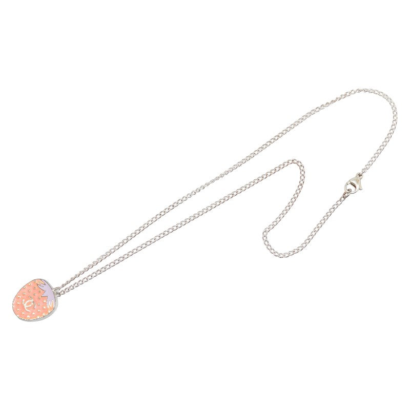 Top Quality Chanel Coco Mark Strawberry Motif Necklace Silver Pink Metal