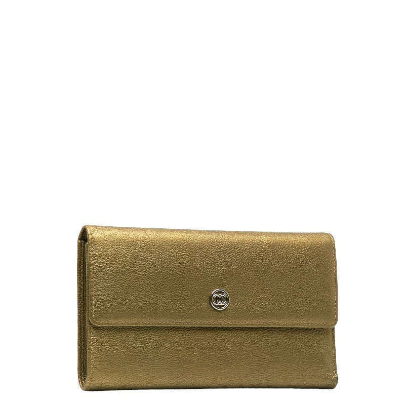 Top Quality Chanel Leather Tri-Fold Wallet Metallic Khaki