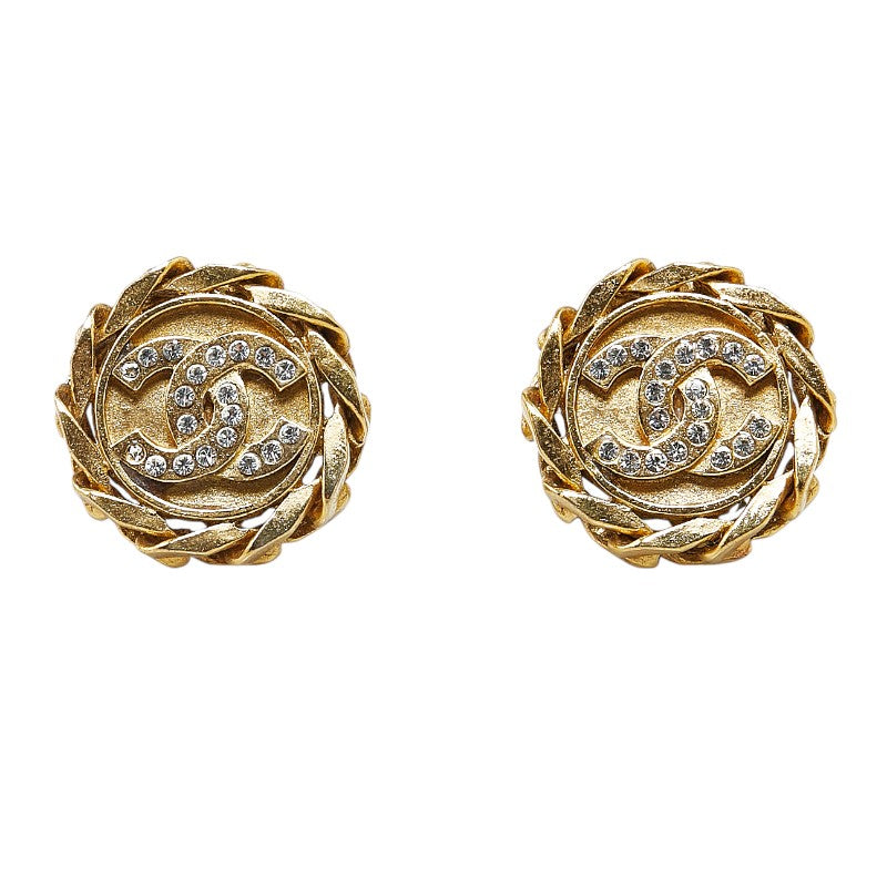 Top Quality Chanel Coco Mark Round Rhinestone Clip-On Earrings Gold Plated