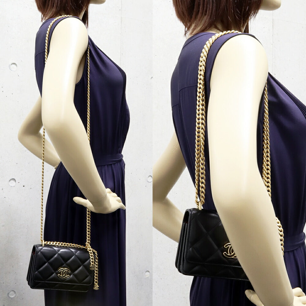 Top Quality Chanel Lambskin Chain Wallet Black Vintage Gold