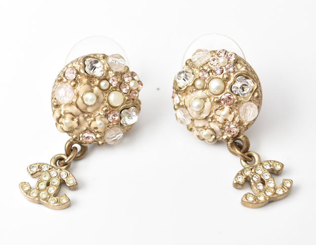 Top Quality Chanel Circle Pearl Motif Logo Rhinestone Gold Earrings