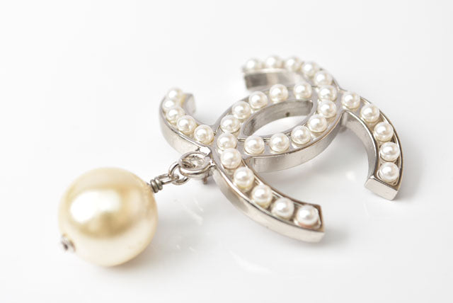 Top Quality Chanel Brooch with Rhinestones and Faux Pearls. Silver