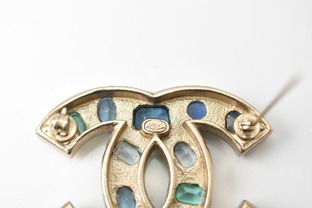 Top Quality Chanel Metal Rhinestone Brooch Blue Multi/Gold
