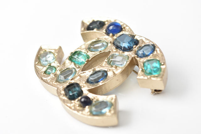 Top Quality Chanel Metal Rhinestone Brooch Blue Multi/Gold