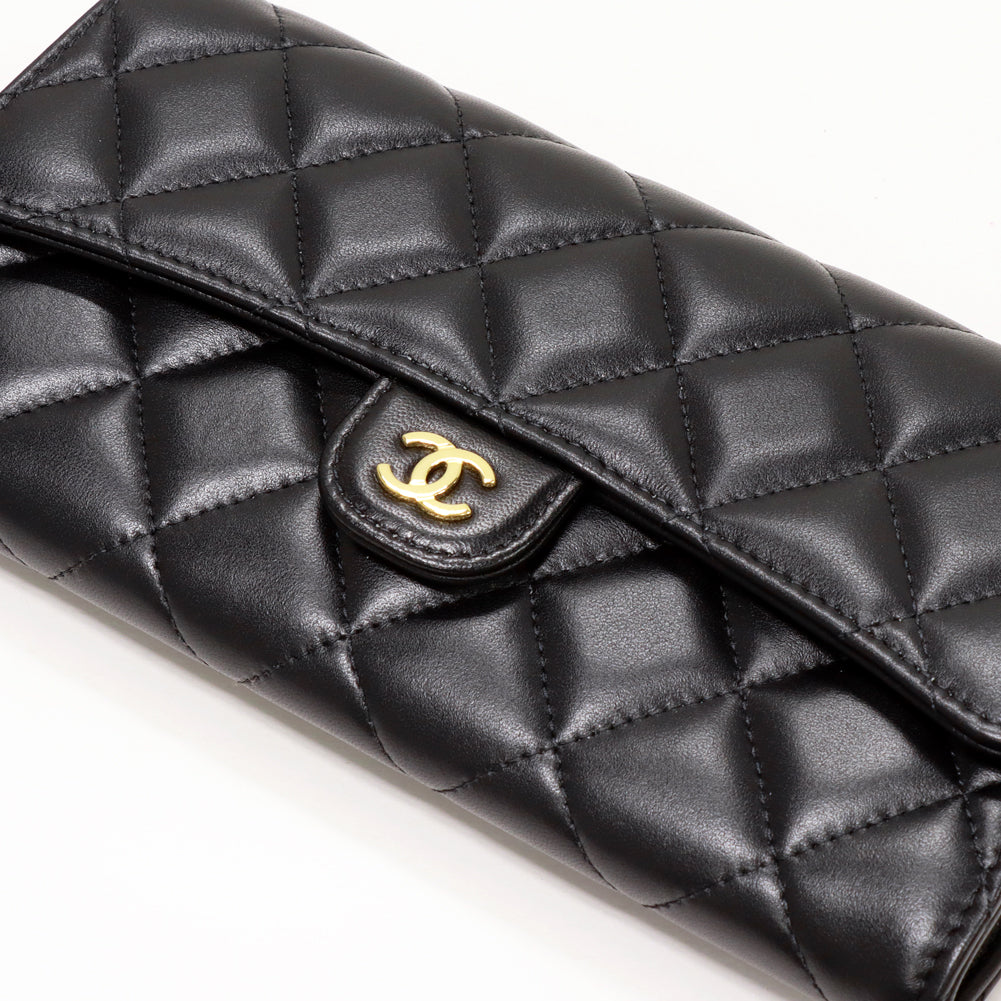 Top Quality Chanel Lambskin Classic Flap Wallet Black Gold AP0241