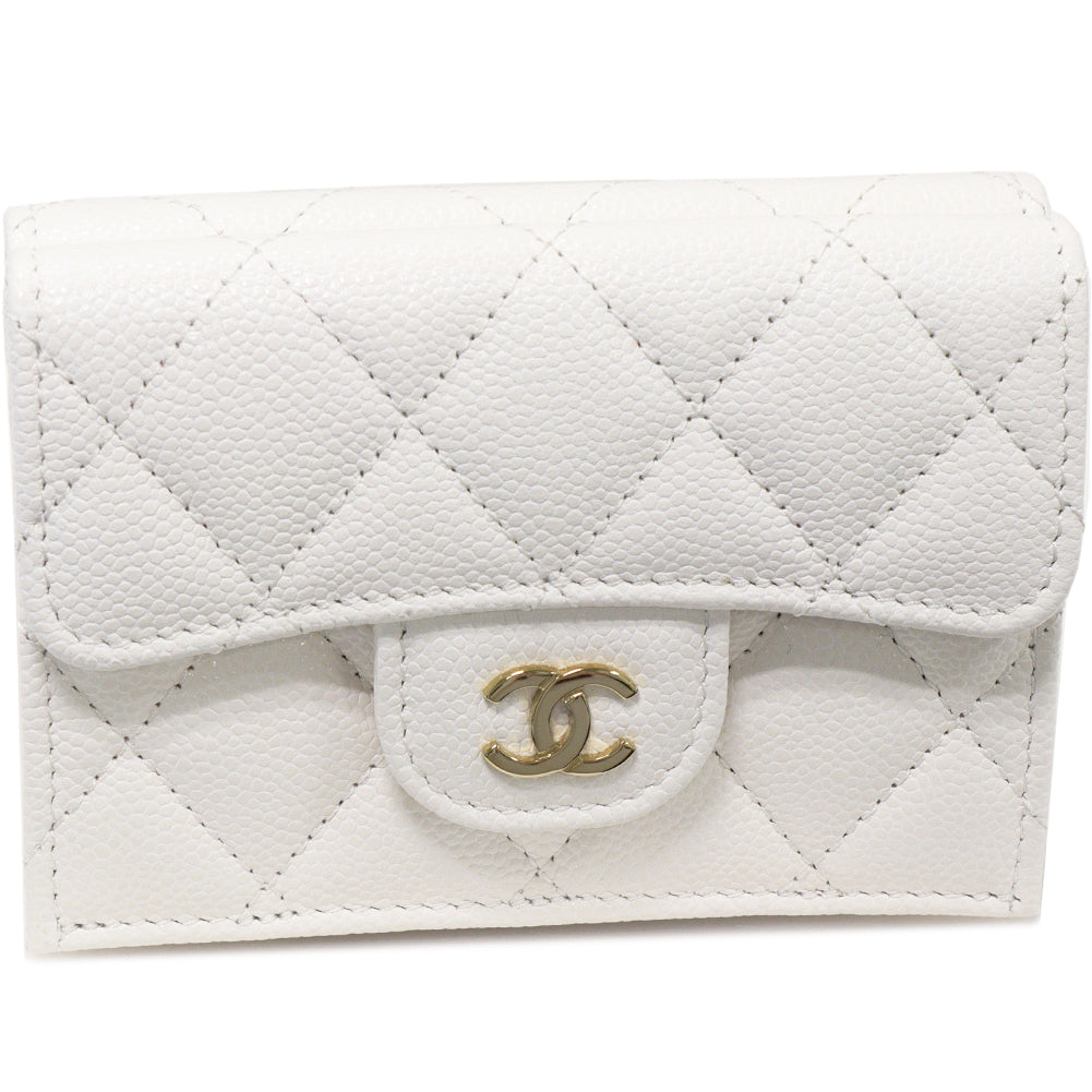 Top Quality Chanel Trifold Wallet Classic Small Flap Grained Shiny Calfskin White Gold AP0230