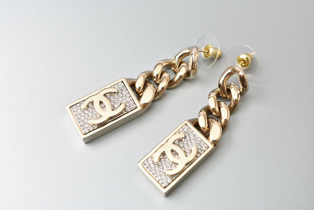 Top Quality Chanel Swing Earrings CC Mark Rhinestone Champagne Gold