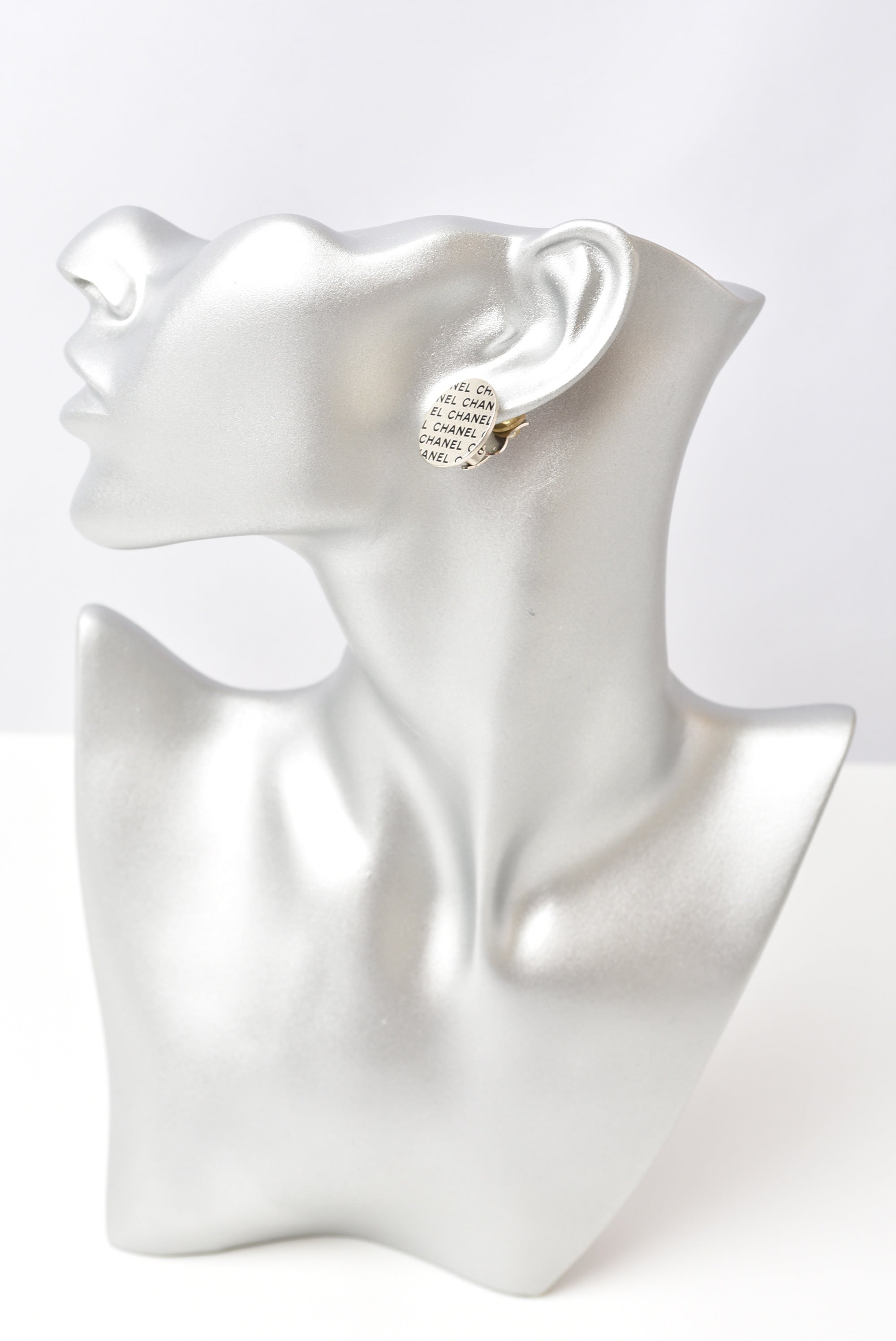 Top Quality Chanel Silver Logo Print Round Plate Earrings