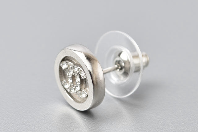Top Quality Chanel CC Circle Rhinestone Silver Earrings