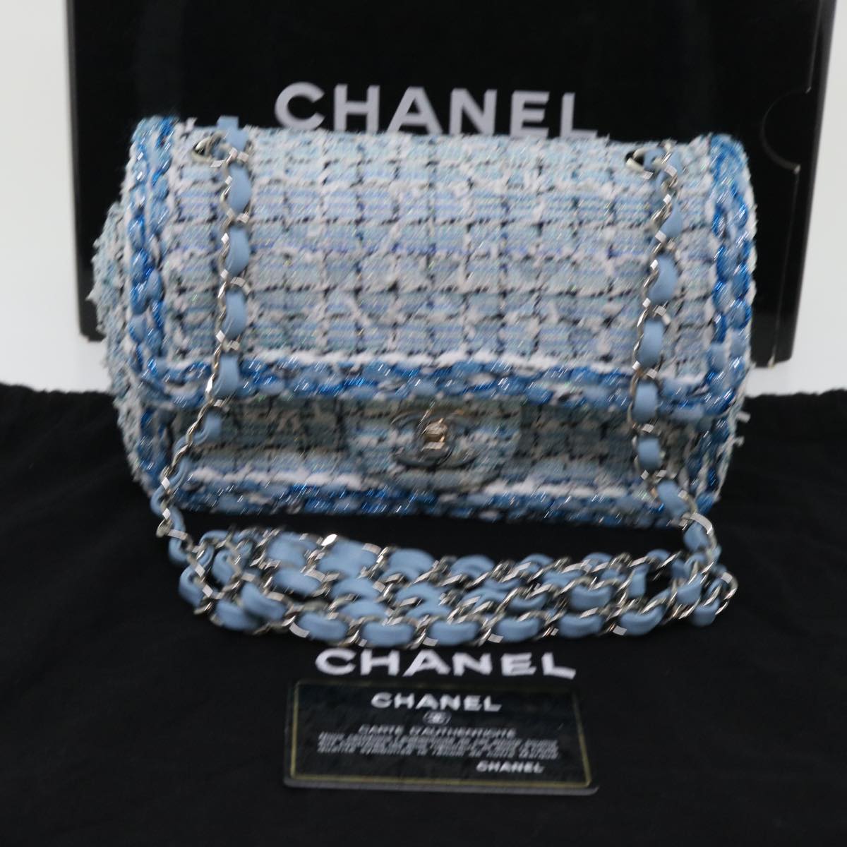 Top Quality Chanel Chain Shoulder Bag Tweed Blue CC Auth 47496A