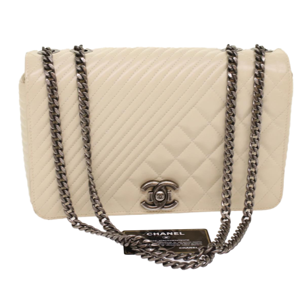 Top Quality Chanel Chevron x Matelasse Chain Shoulder Bag Lamb Skin White CC Auth 48469A