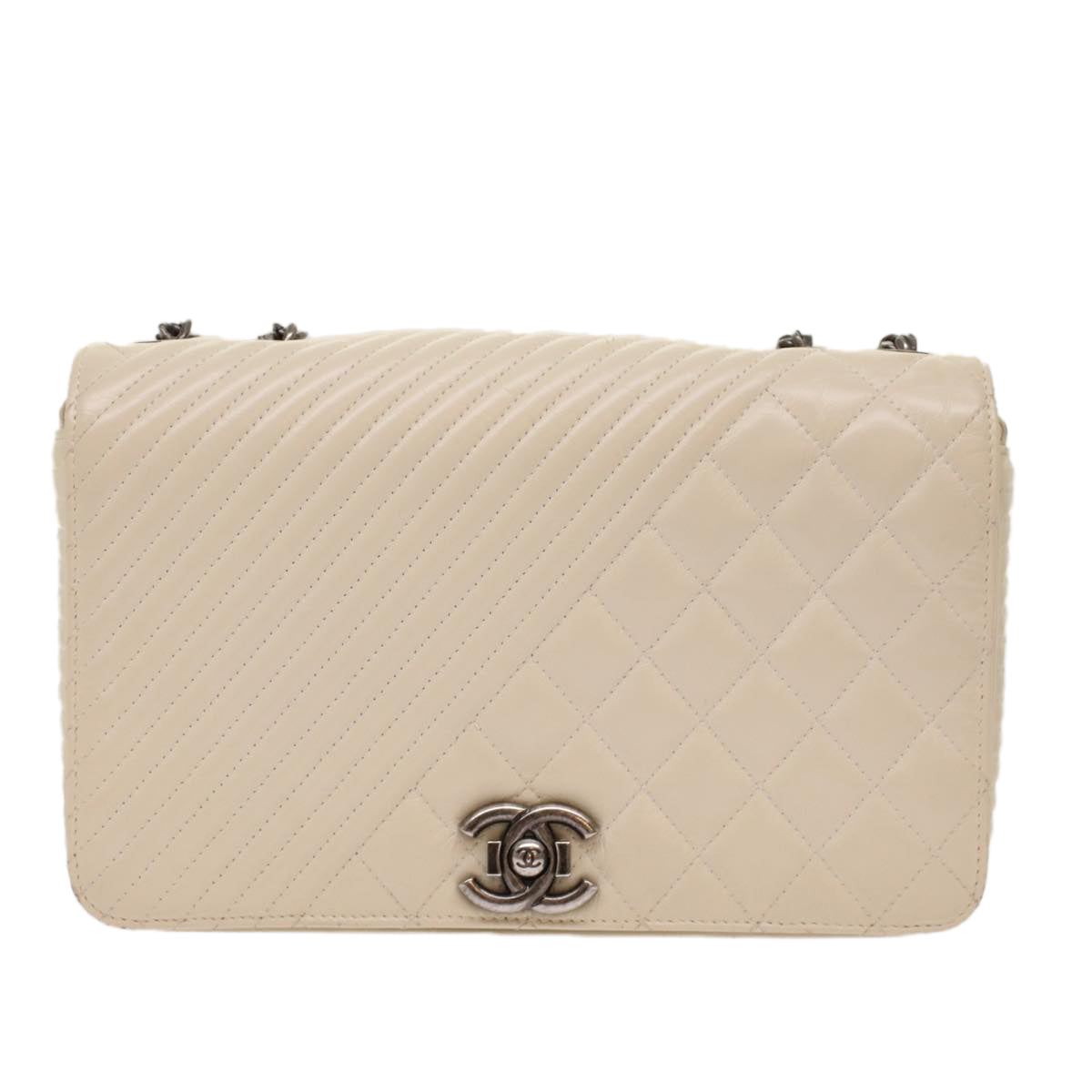 Top Quality Chanel Chevron x Matelasse Chain Shoulder Bag Lamb Skin White CC Auth 48469A