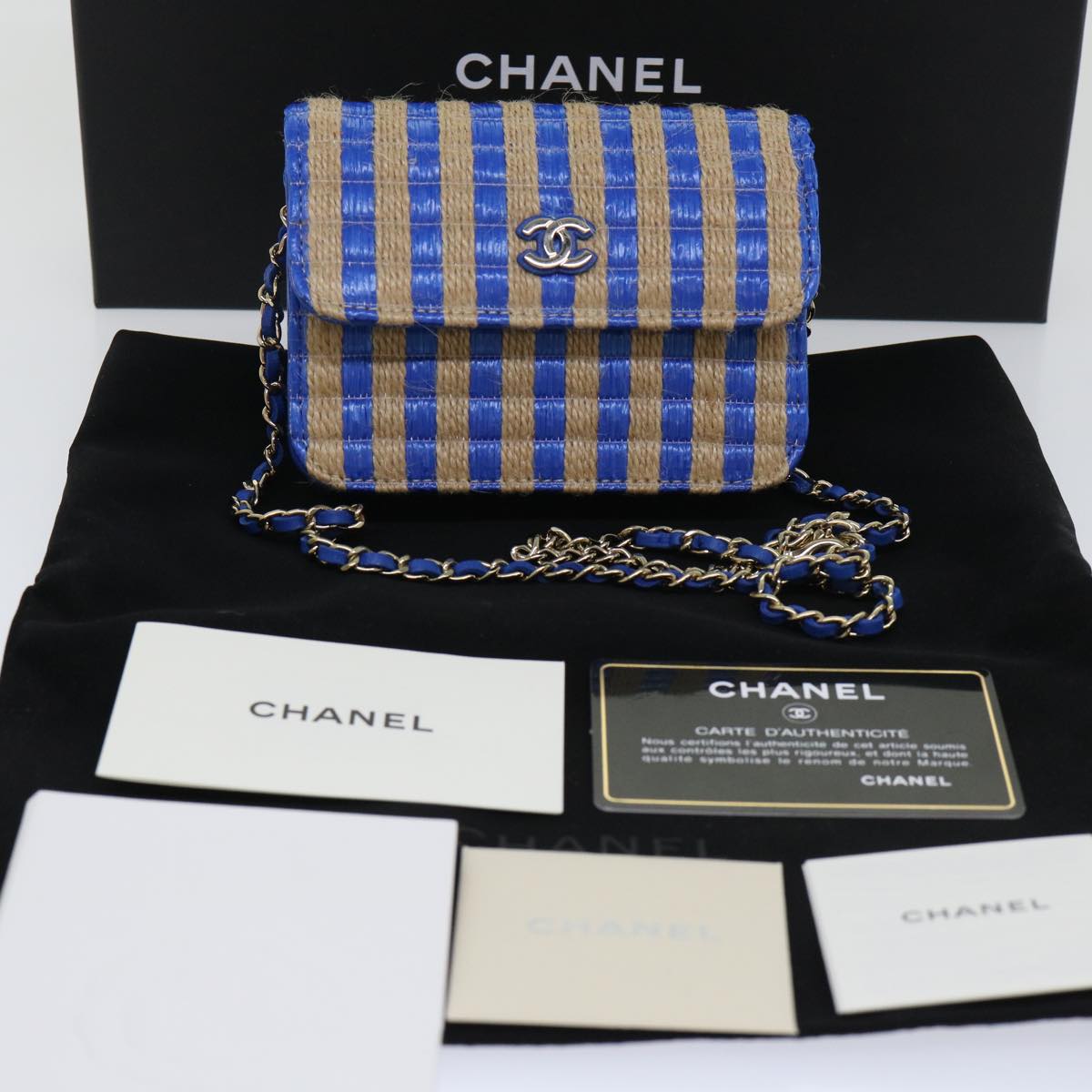 Top Quality Chanel Chain Shoulder Bag Raffia Blue Beige CC Auth 51139A