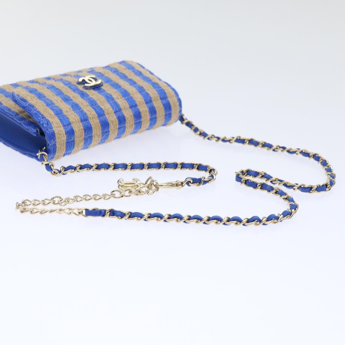Top Quality Chanel Chain Shoulder Bag Raffia Blue Beige CC Auth 51139A