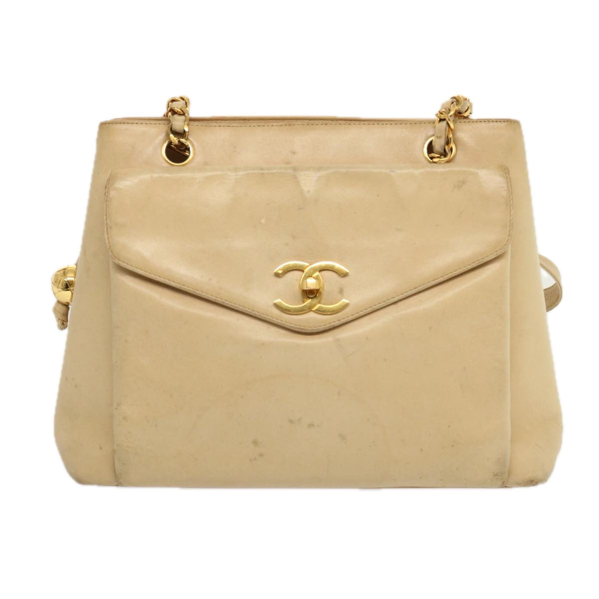 Top Quality Chanel Chain Tote Bag Leather Beige CC Auth 69975A
