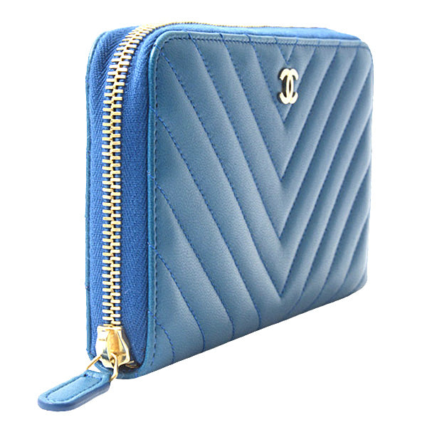 Top Quality Chanel Chevron Lambskin Round Zip Wallet Blue