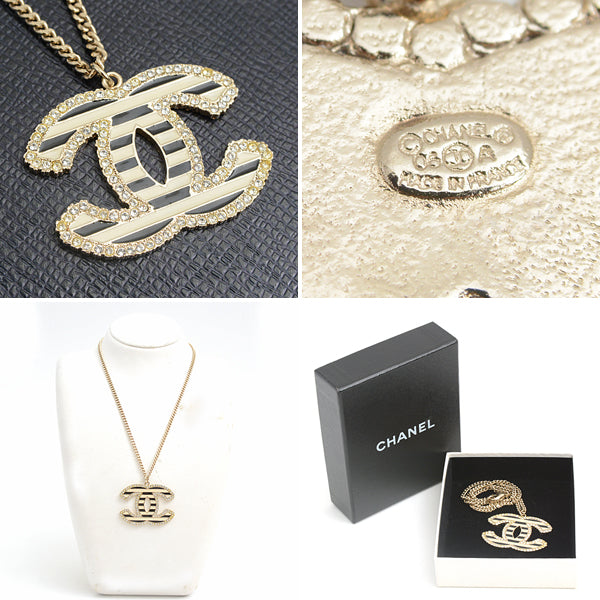 Top Quality Chanel Coco Mark Rhinestone Pendant Necklace Gold Black White