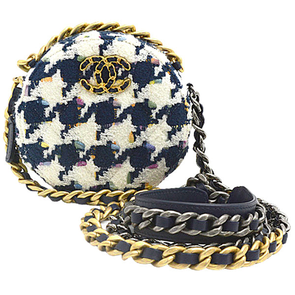 Top Quality Chanel Tweed Round Chain Shoulder Bag Houndstooth White Navy