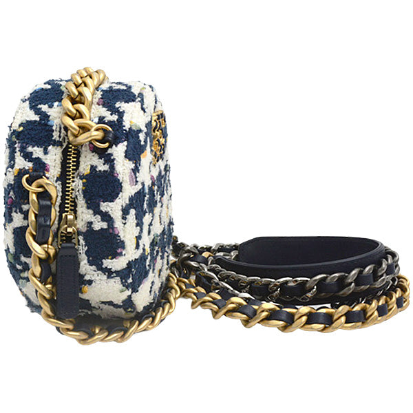 Top Quality Chanel Tweed Round Chain Shoulder Bag Houndstooth White Navy