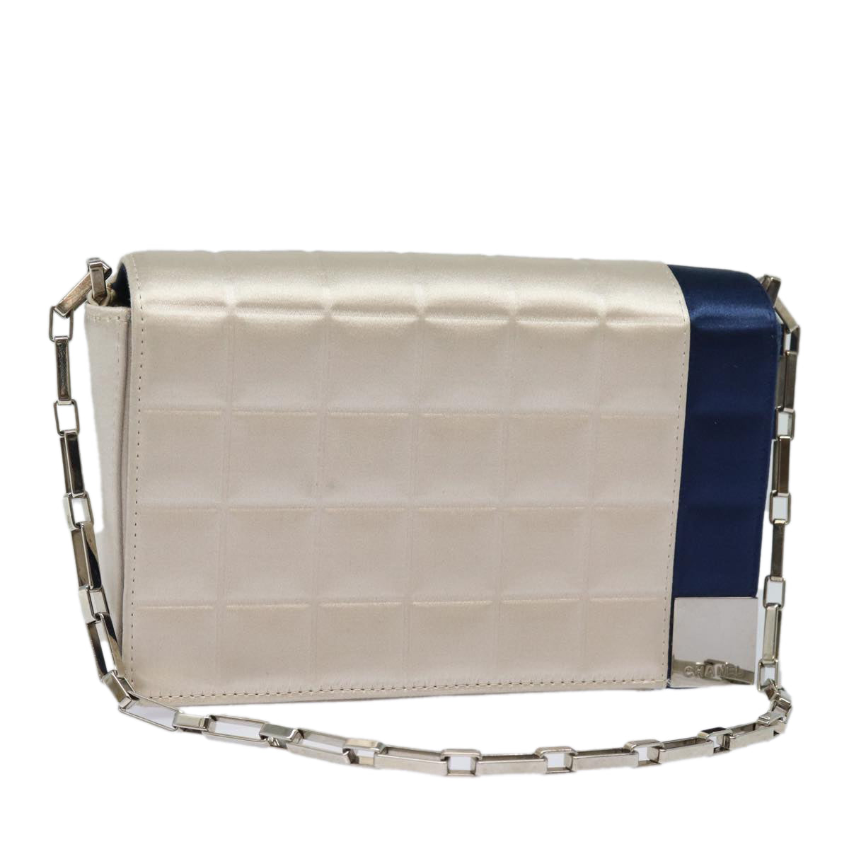 Top Quality Chanel Choco Bar Line Chain Shoulder Bag Satin Blue Beige CC Auth 84220