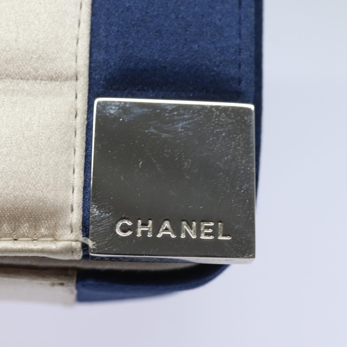 Top Quality Chanel Choco Bar Line Chain Shoulder Bag Satin Blue Beige CC Auth 84220