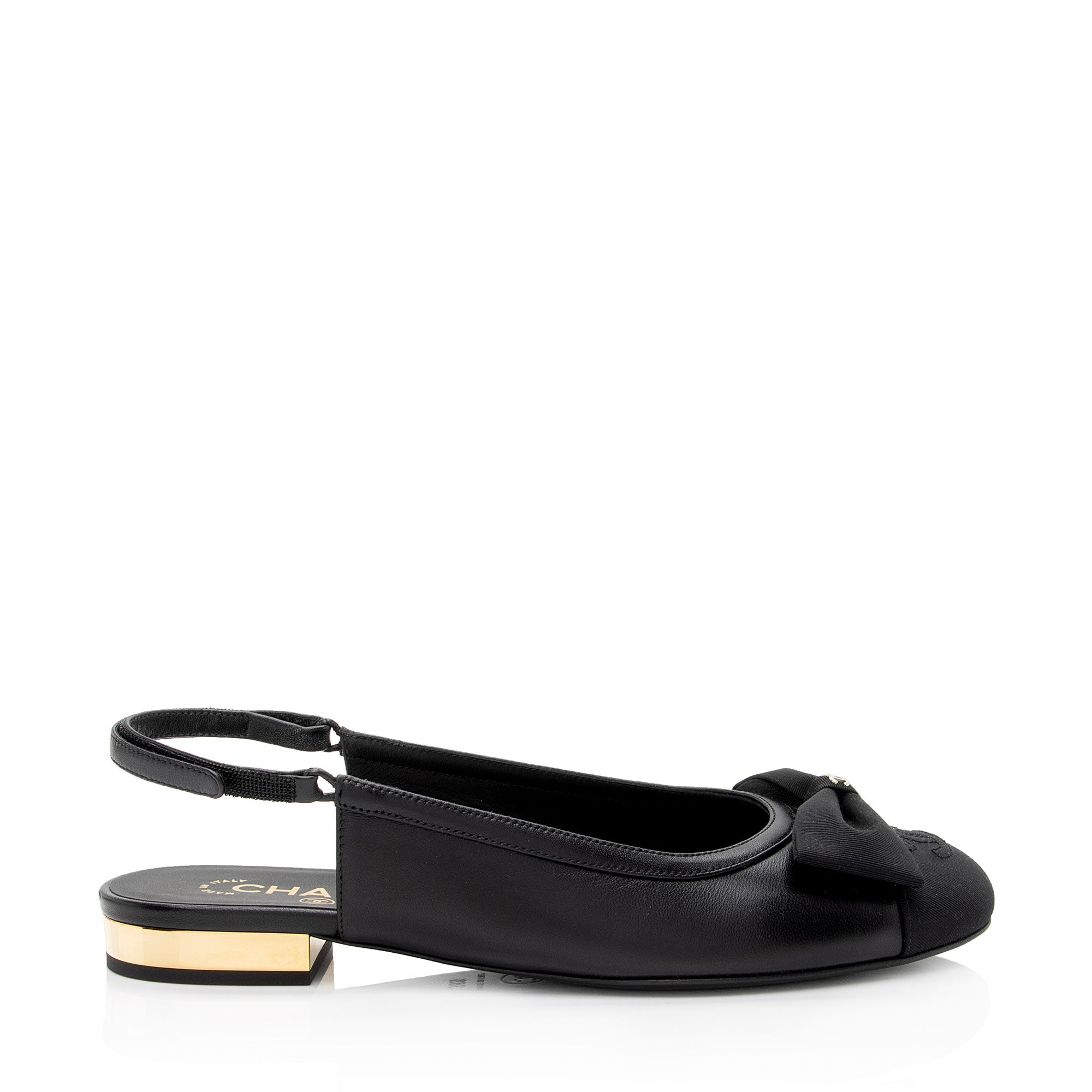 Top Quality Chanel Lambskin Grosgrain Bow CC Captoe Slingback Flats - Size 8.5 / 38.5 (SHF-UU3dKk)