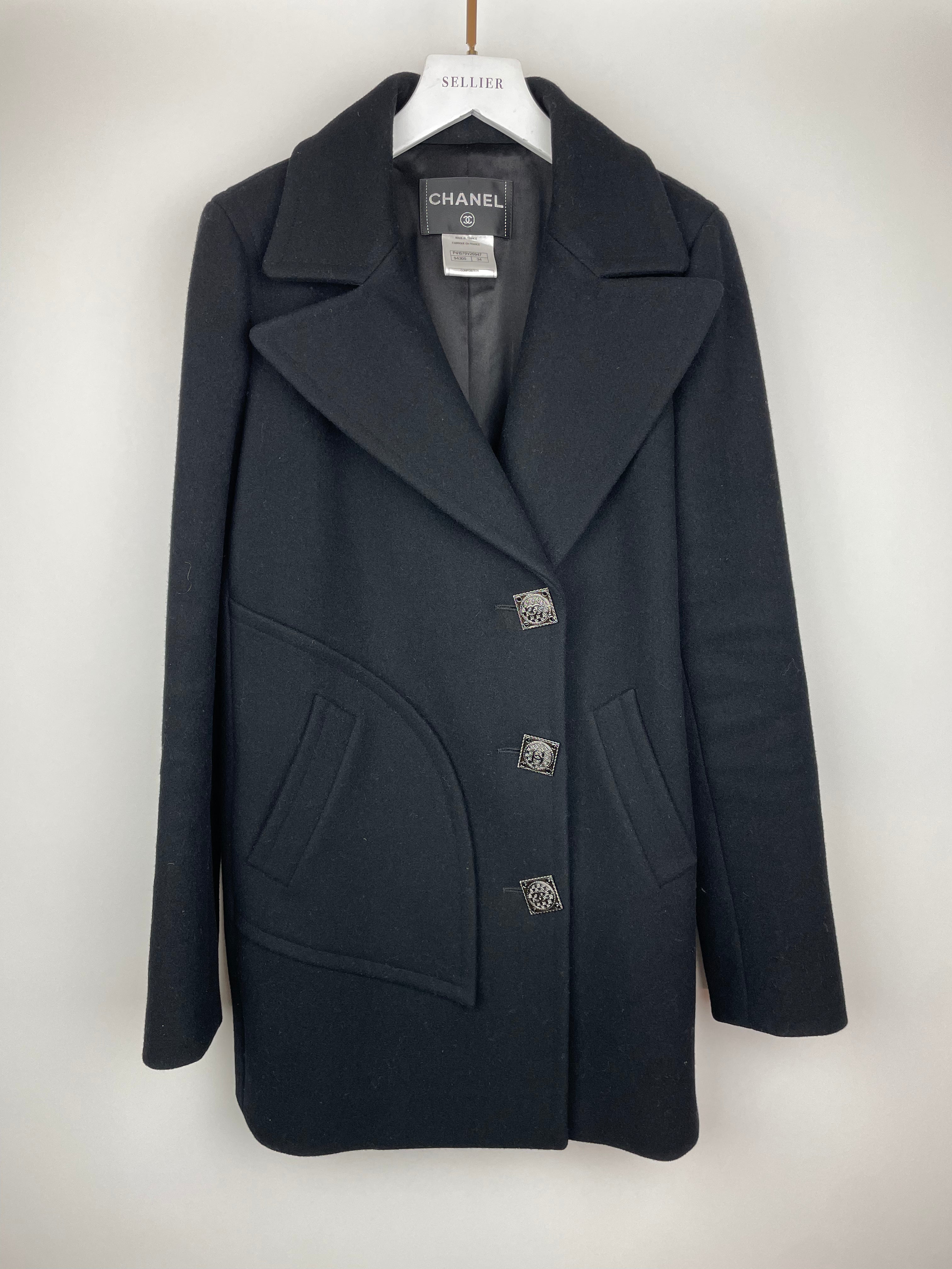 Top Quality Chanel Black Wool Coat with Square Ruthenium CC Logo Buttons Size FR 34 (UK 6)