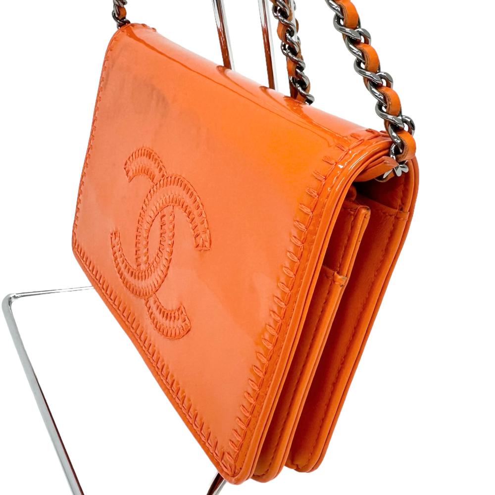 Top Quality Chanel Patent Leather Chain Wallet Orange