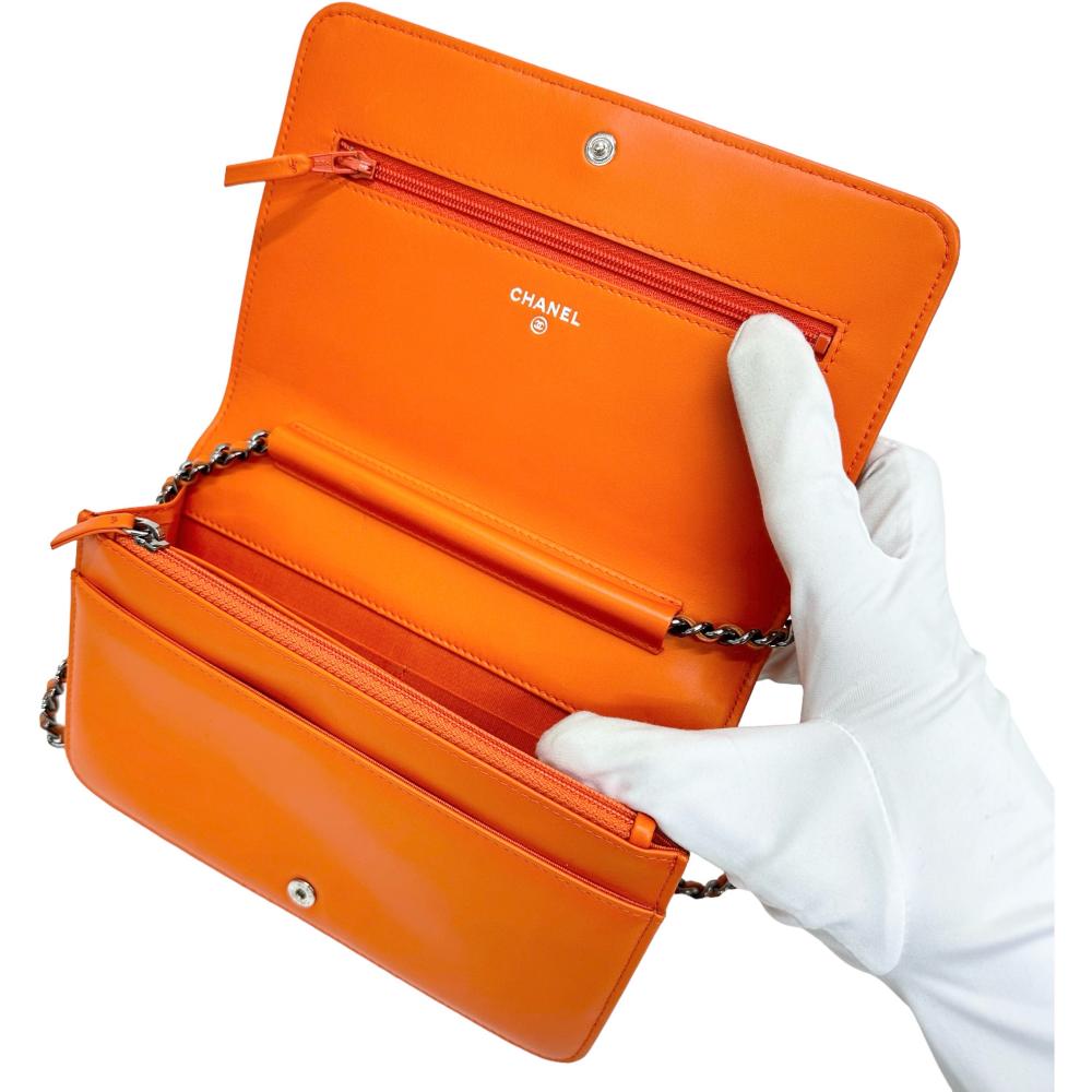 Top Quality Chanel Patent Leather Chain Wallet Orange