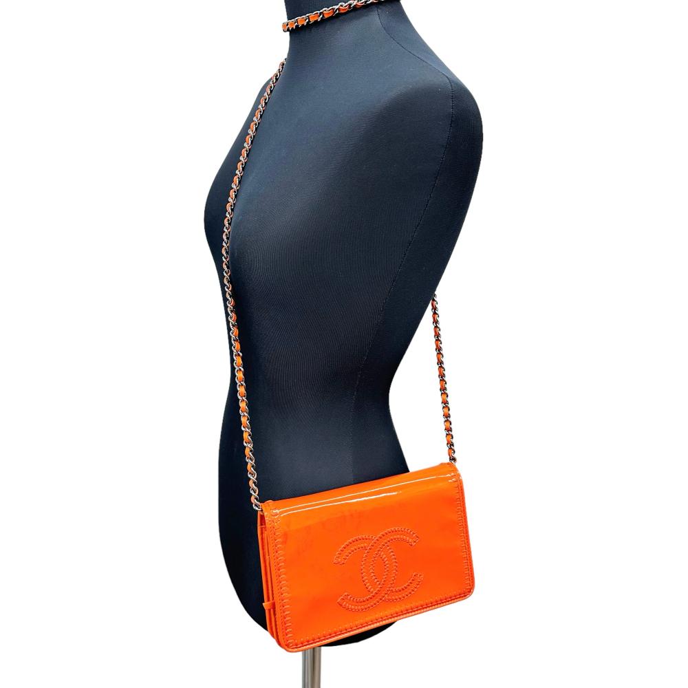 Top Quality Chanel Patent Leather Chain Wallet Orange