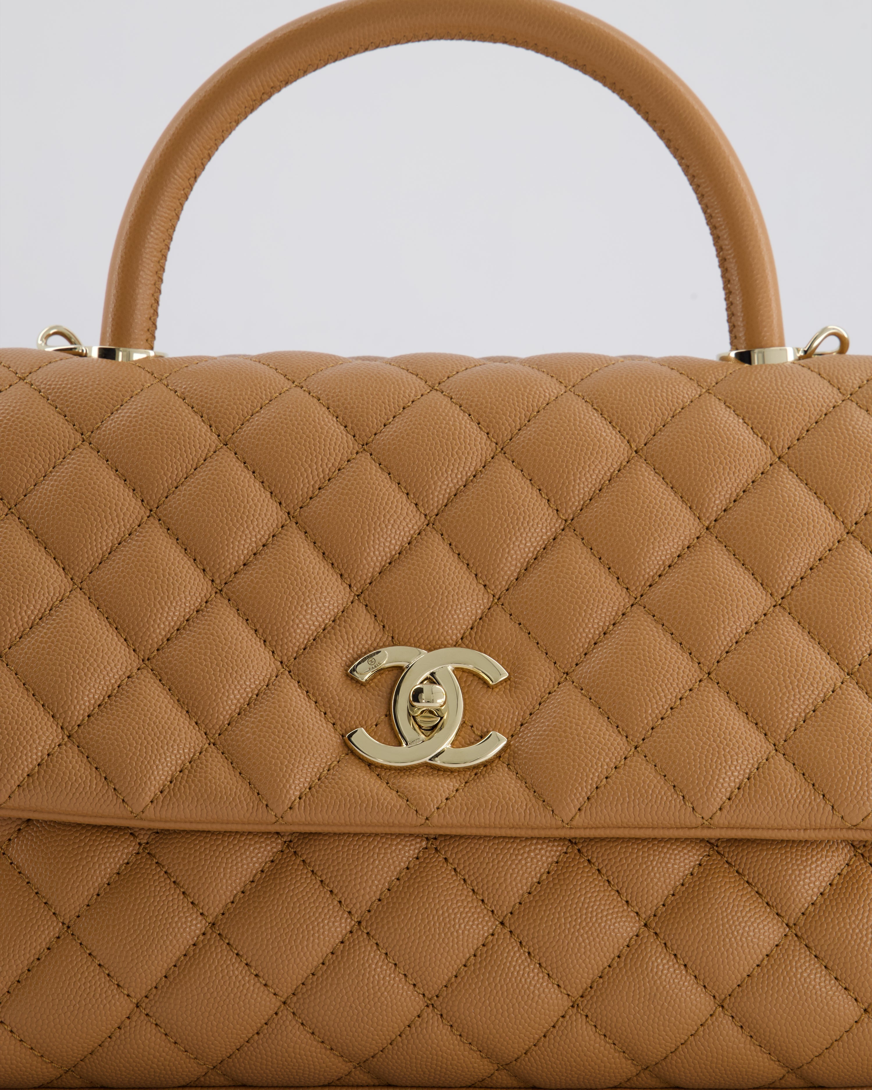 *RARE* Top Quality Chanel Medium Caramel Caviar Quilted Coco Flap Bag with Champagne Gold Hardware