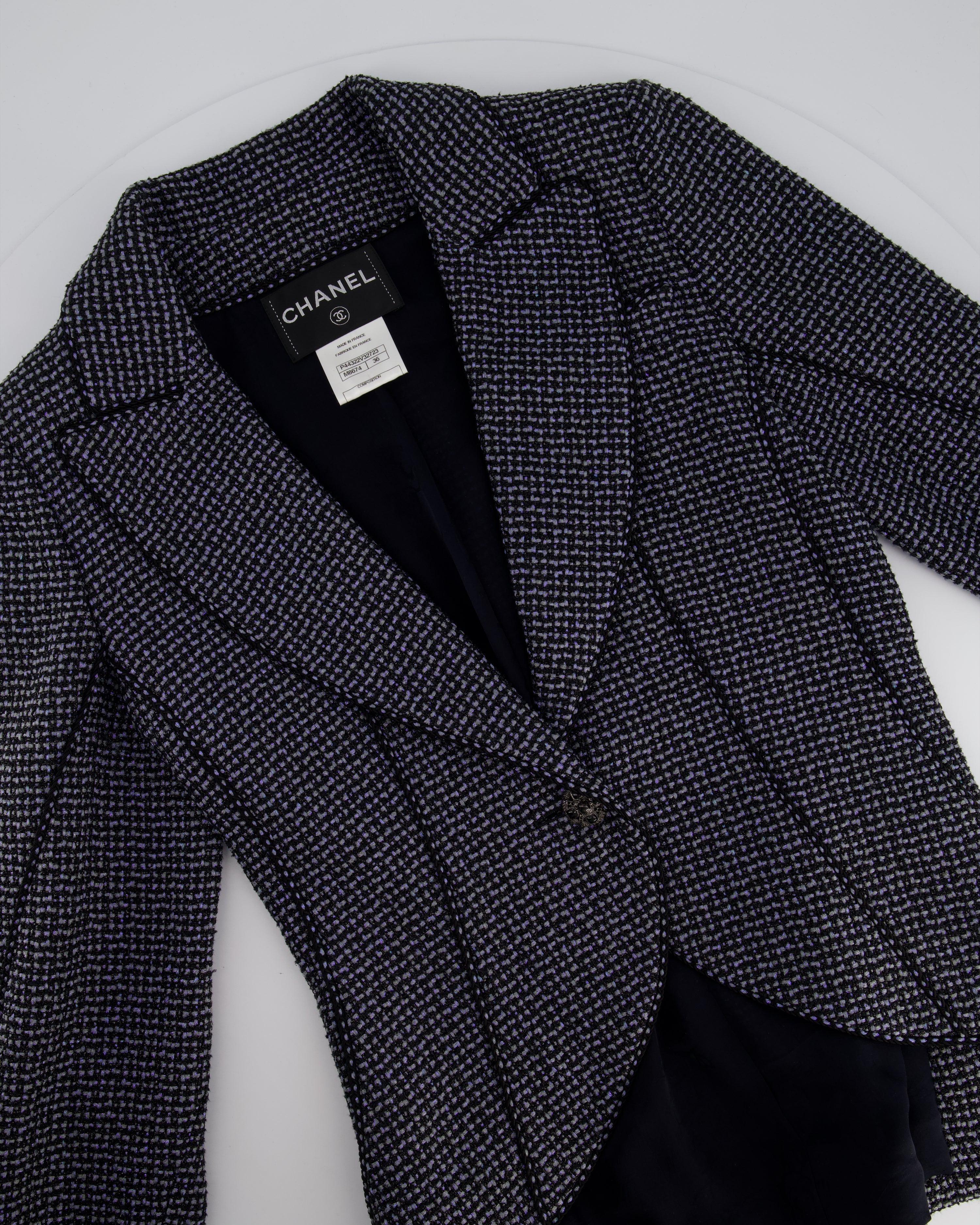 Top Quality Chanel Black & Grey Metallic Tweed Curved Hem Jacket with Ruthenium CC Button Detail FR 36 (UK 8)