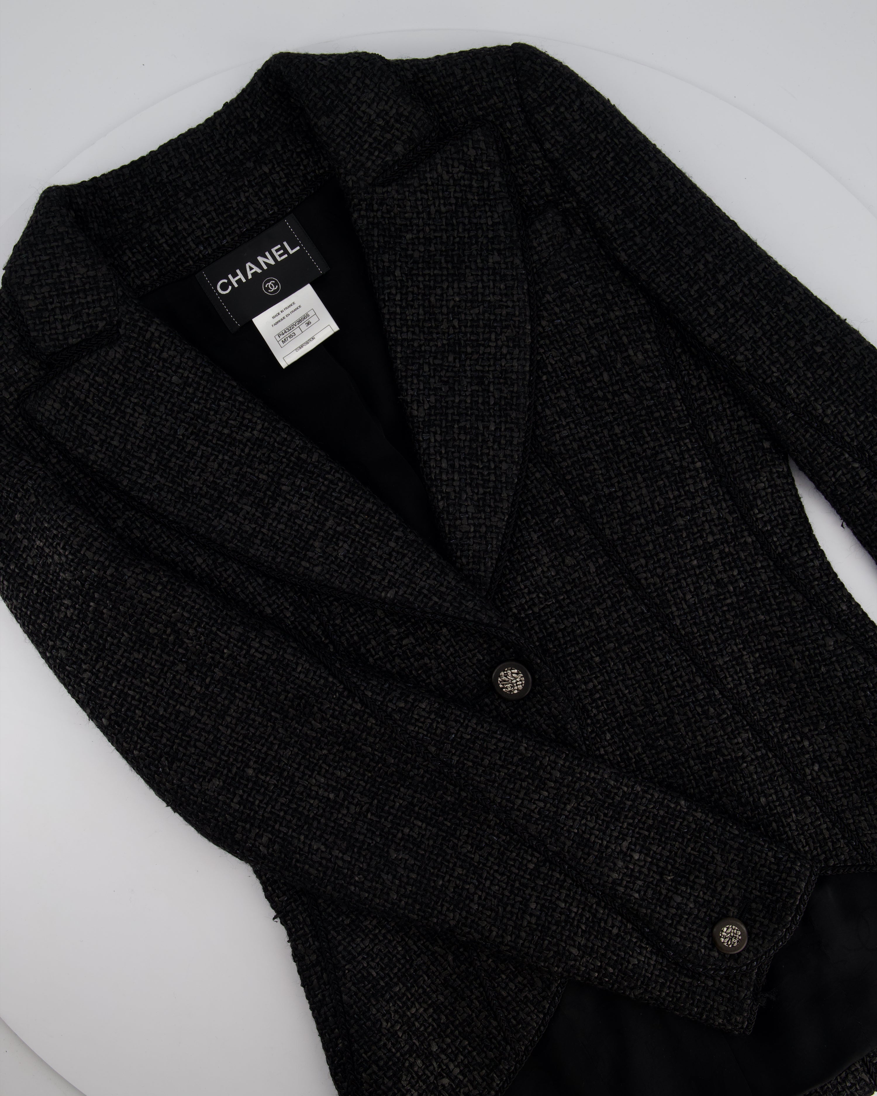 Top Quality Chanel Black Coated Tweed Curved Hem Jacket with Silver CC Button Detail FR 36 (UK 8)