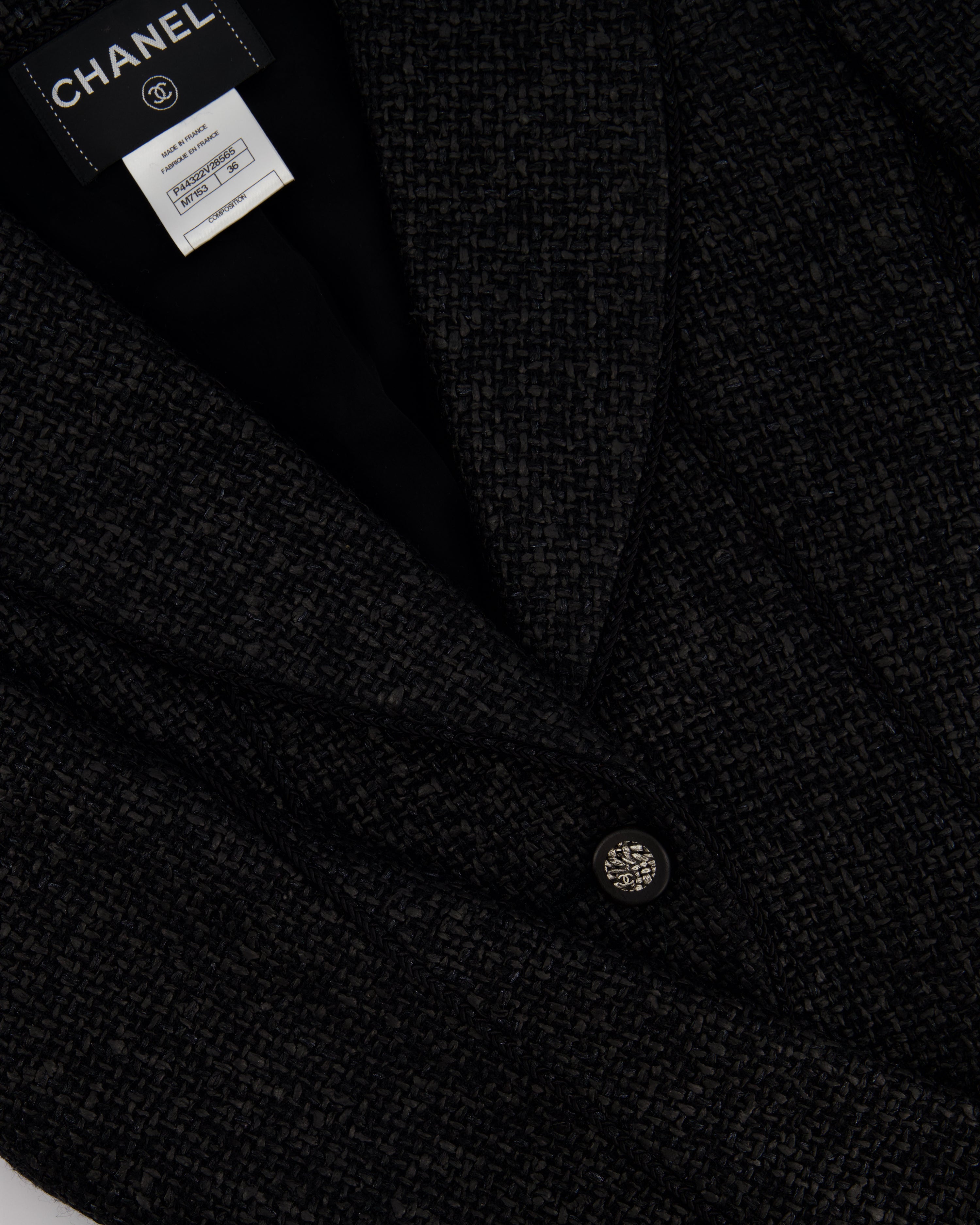 Top Quality Chanel Black Coated Tweed Curved Hem Jacket with Silver CC Button Detail FR 36 (UK 8)