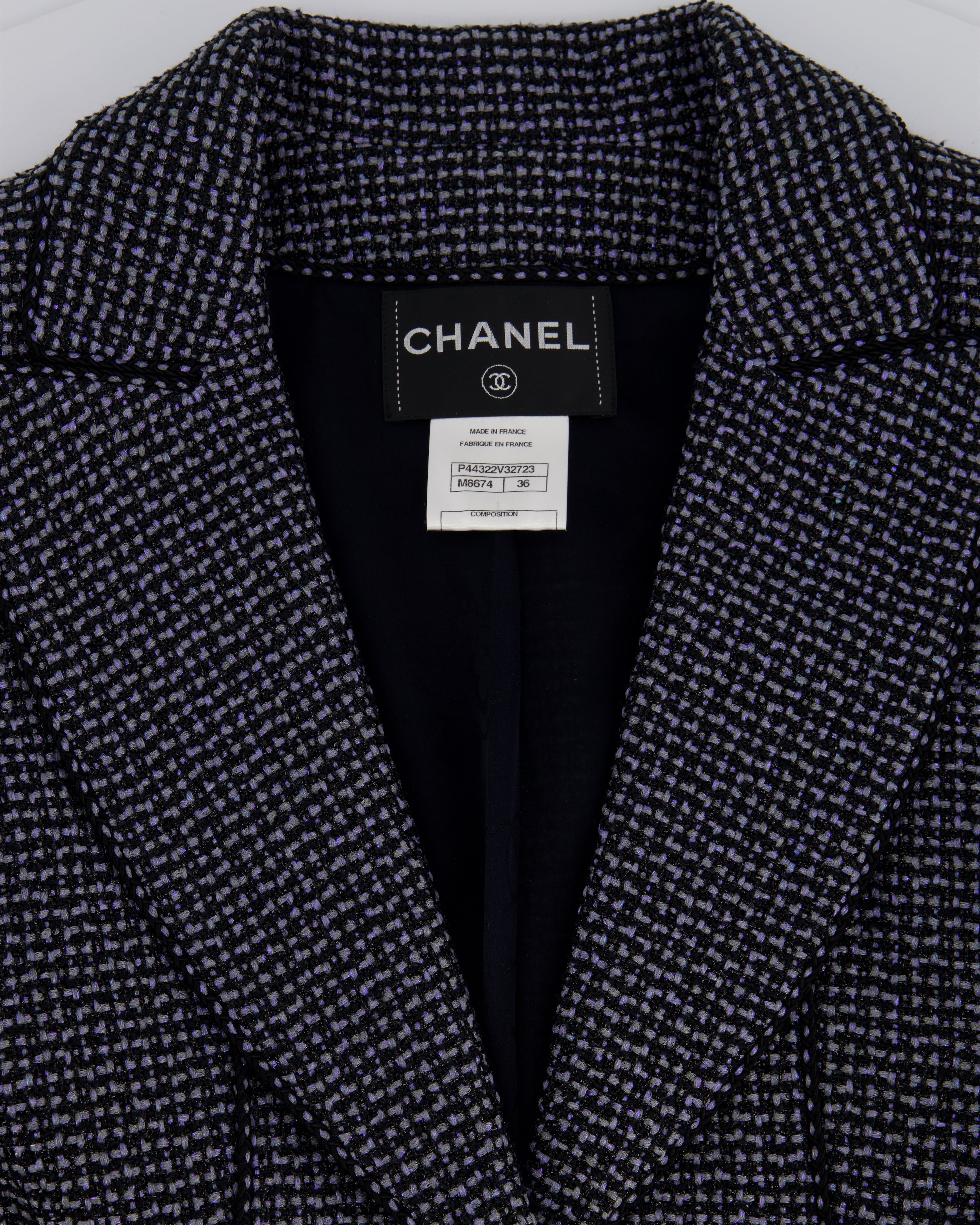 Top Quality Chanel Black & Grey Metallic Tweed Curved Hem Jacket with Ruthenium CC Button Detail FR 36 (UK 8)