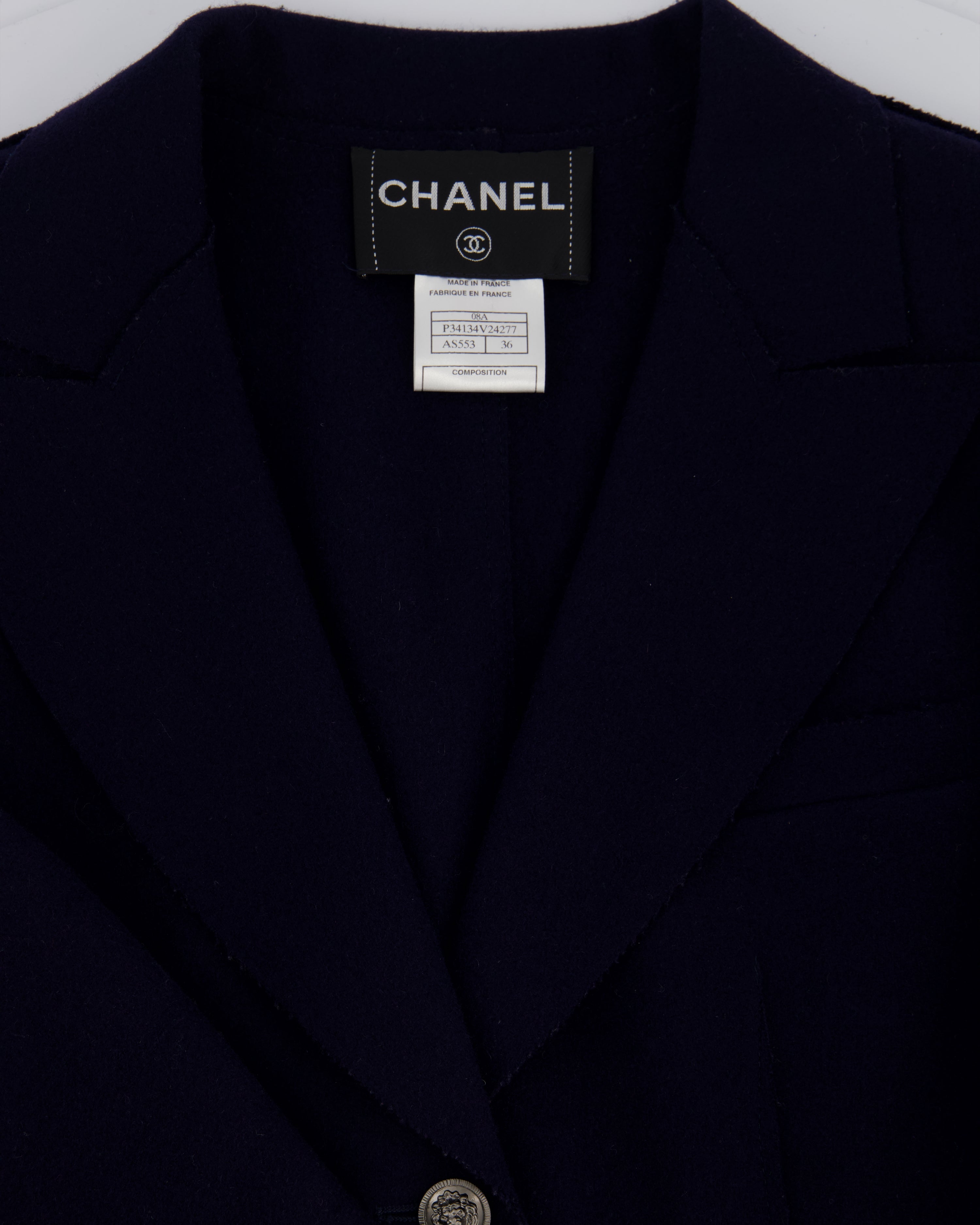 Top Quality Chanel Navy Wool Blazer Jacket with Silver CC Button Detail FR 36 (UK 8)