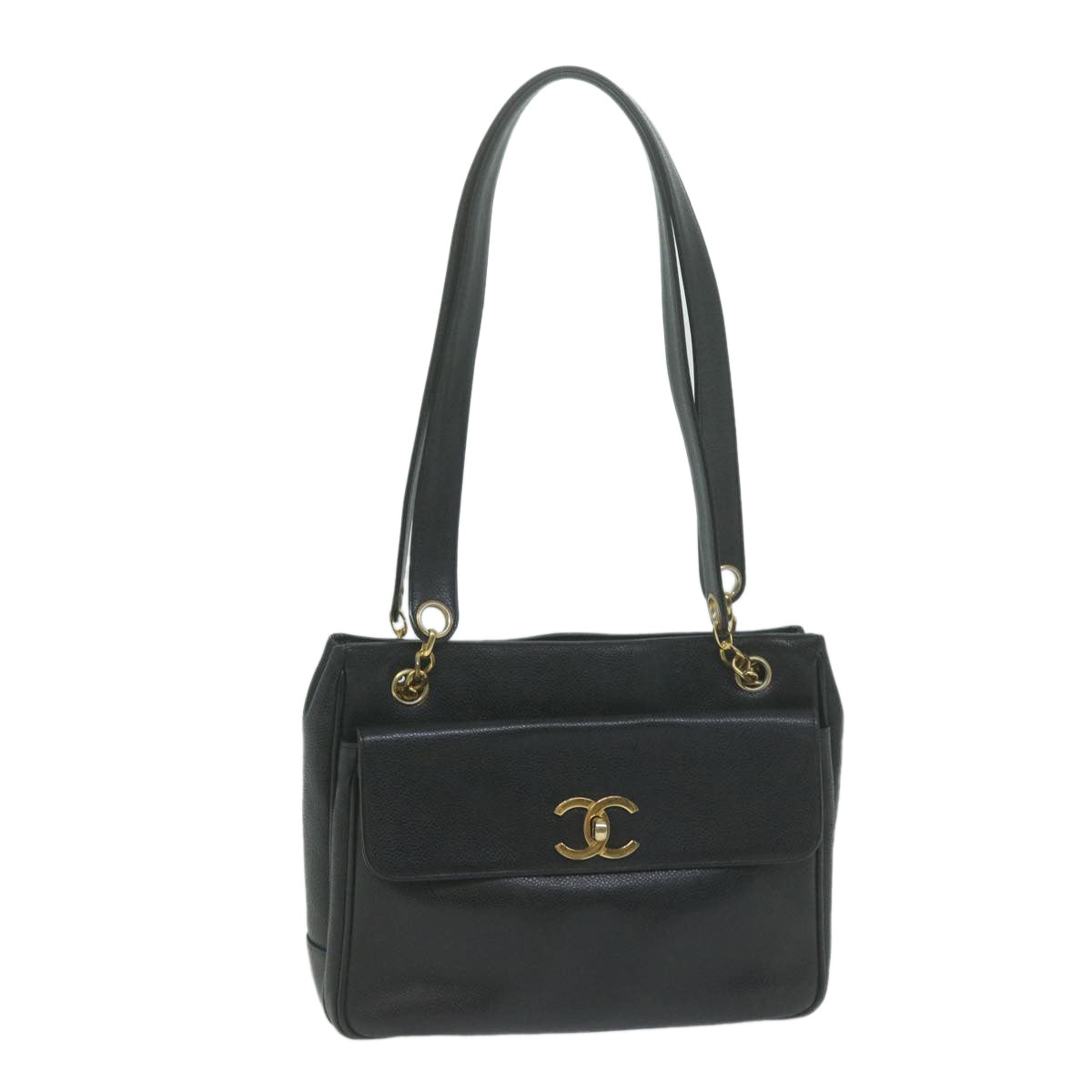 Top Quality Chanel Chain Turn Lock Shoulder Bag Caviar Skin Black CC Auth ar11351