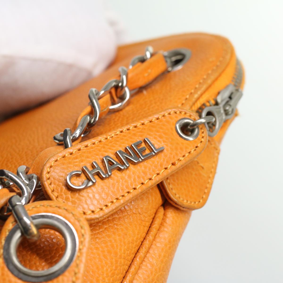 Top Quality Chanel Chain Shoulder Bag Caviar Skin Orange CC Auth ar8526