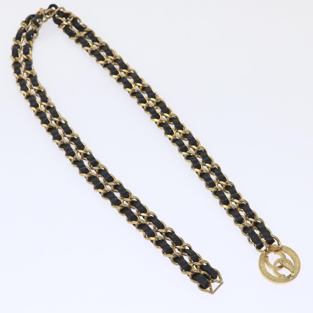 Top Quality Chanel Chain Belt Metal Leather Gold Tone Black CC Auth ar9801B