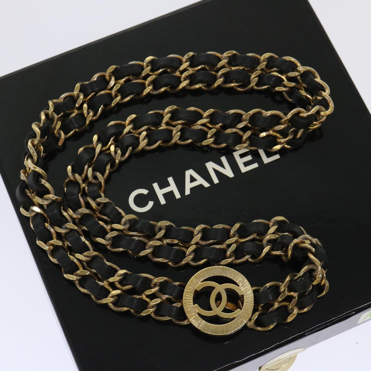 Top Quality Chanel Chain Belt Metal Leather Gold Tone Black CC Auth ar9801B