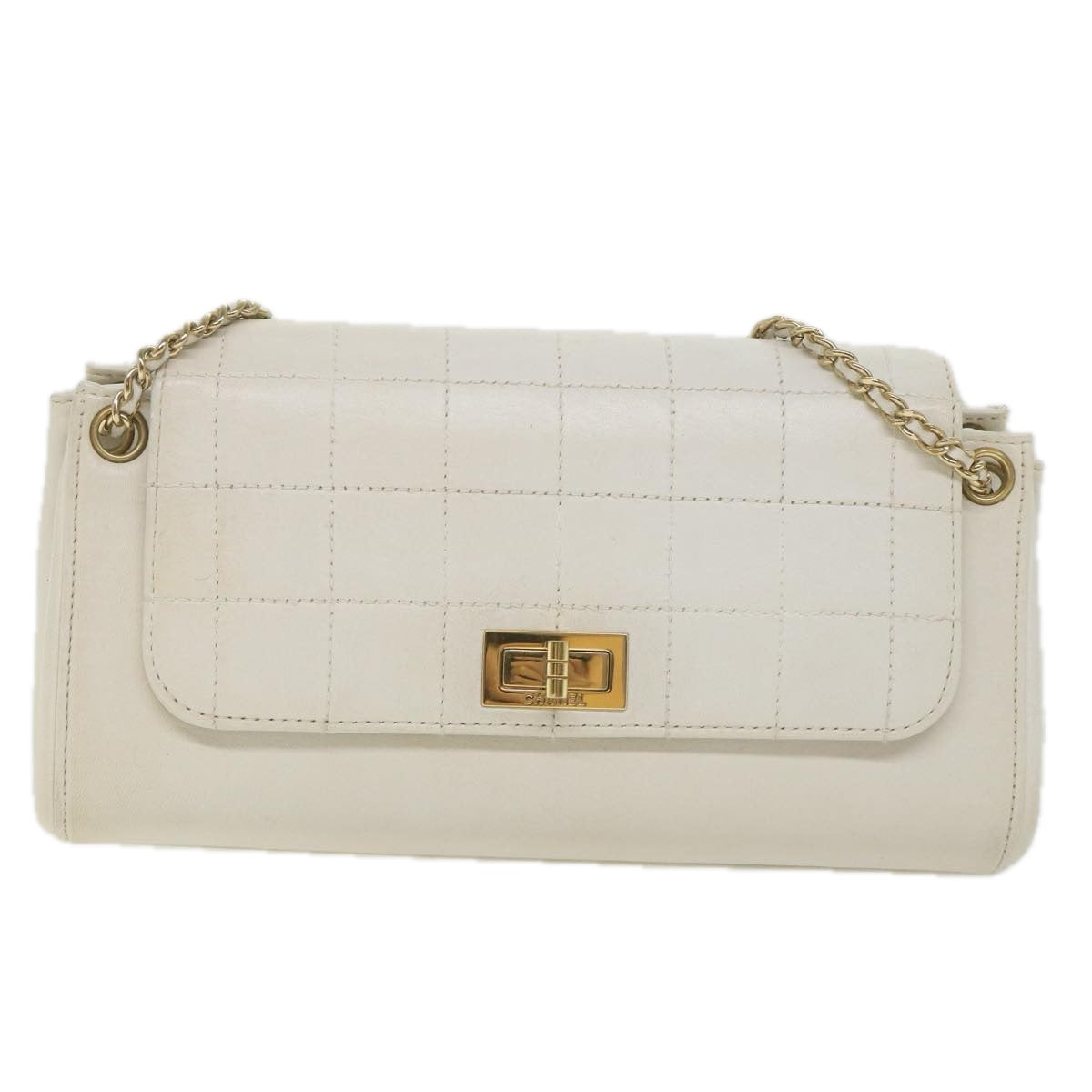 Top Quality Chanel Choco Bar line Chain Shoulder Bag Leather White CC Auth bs10047