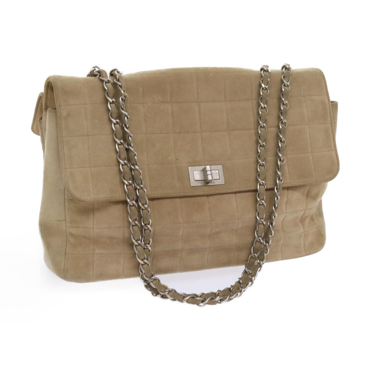 Top Quality Chanel Choco Bar Chain Shoulder Bag Suede Beige CC Auth bs11679