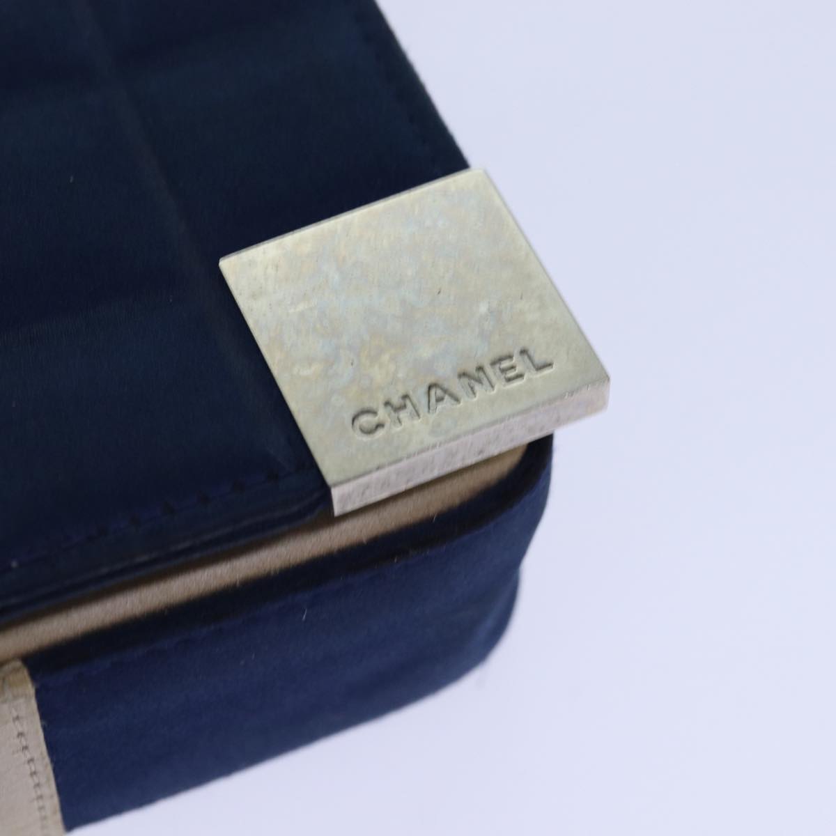 Top Quality Chanel Choco Bar Chain Hand Bag Satin Beige Navy CC Auth bs16725