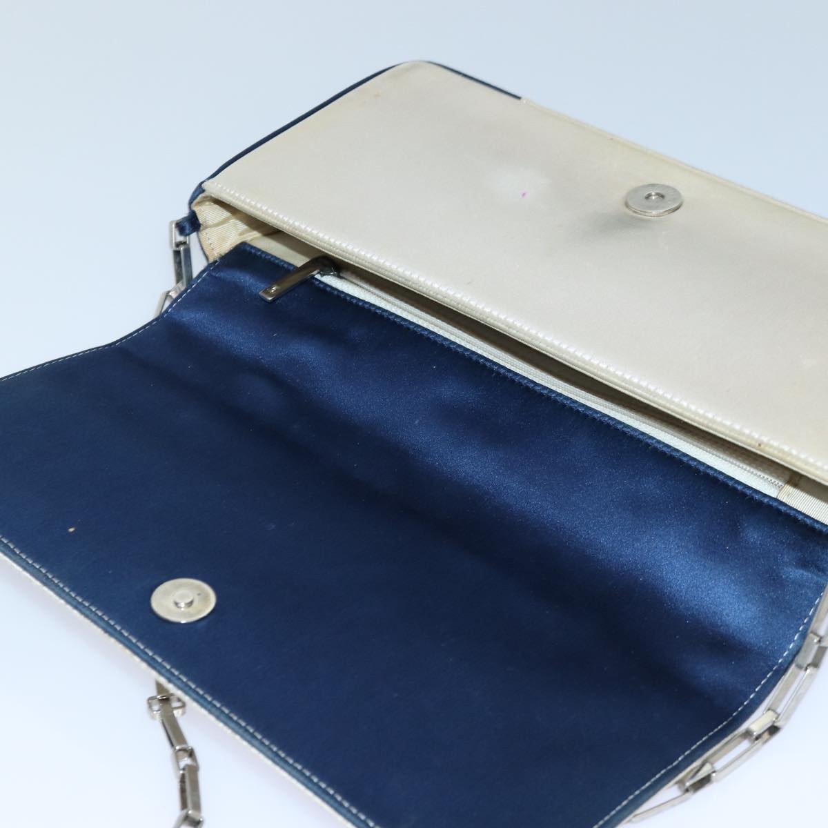 Top Quality Chanel Choco Bar Chain Hand Bag Satin Beige Navy CC Auth bs16725