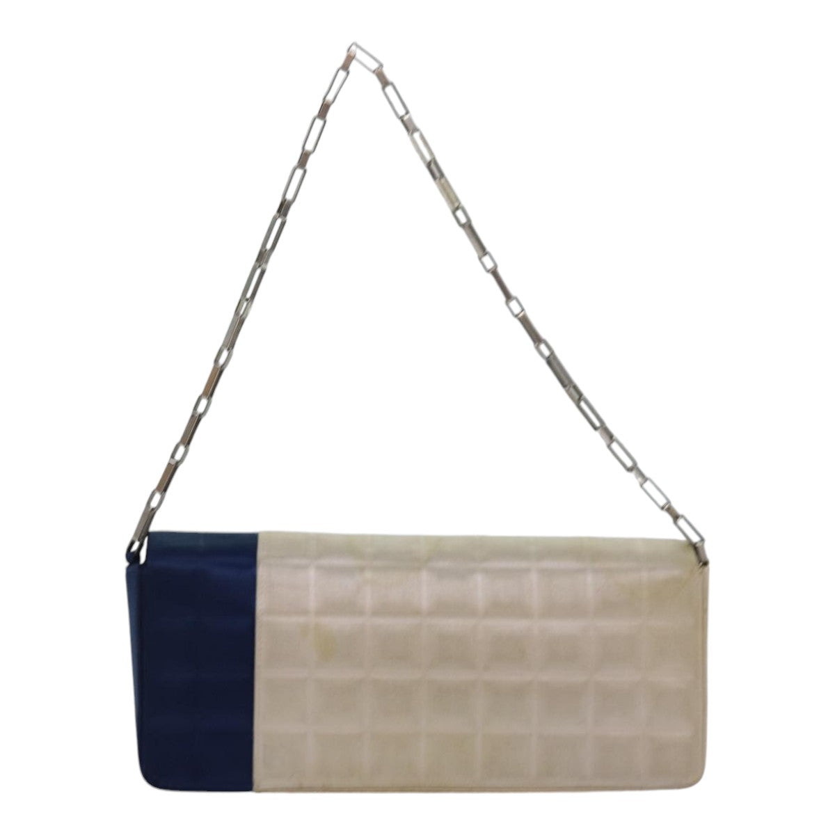 Top Quality Chanel Choco Bar Chain Hand Bag Satin Beige Navy CC Auth bs16725