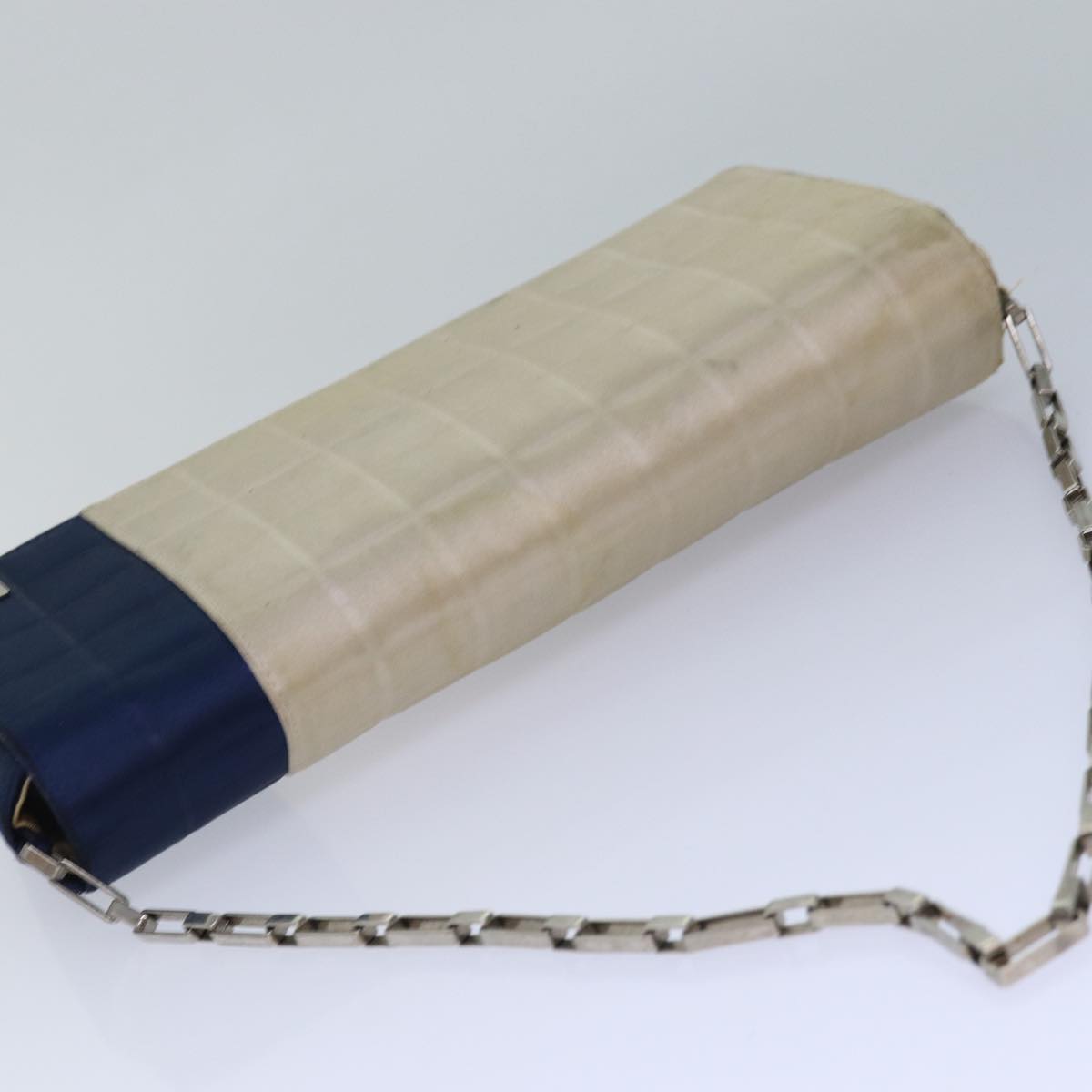 Top Quality Chanel Choco Bar Chain Hand Bag Satin Beige Navy CC Auth bs16725